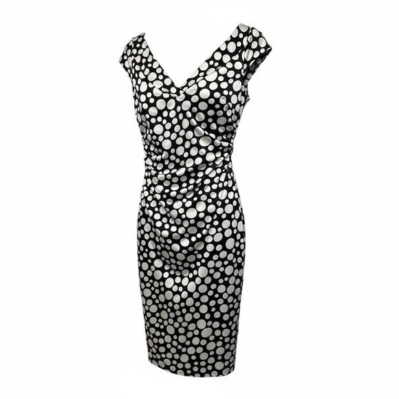 Maggy London Black and White Ruched Wrap MidiDress Size 6 cap sleeves polka dot - Picture 3 of 9